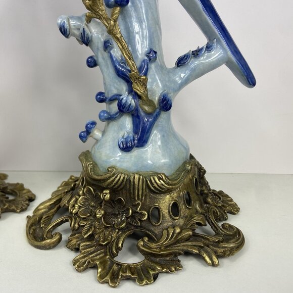Pair of Vtg Porcelain & Brass ? Ormolu 14” Candlestick Holders Blue Bird Parrot - Picture 5 of 15